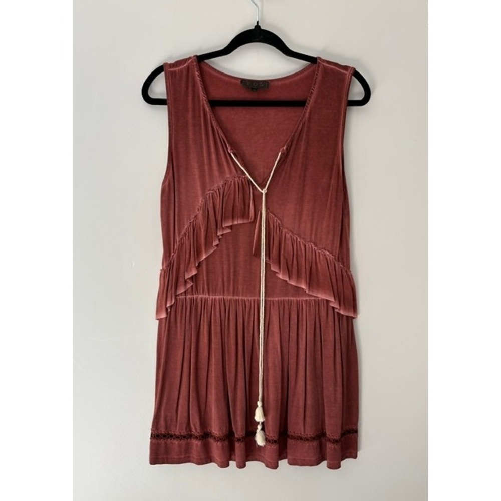POL Clothing Womens Terracotta Mineral Wash Ruffle Tassel Boho Tunic Top Small